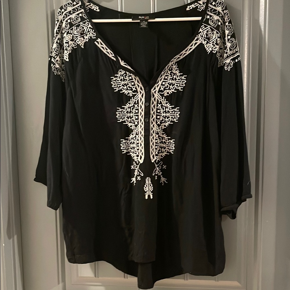 Style & Co. Black and White Embellished 3/4 Sleeve Blouse